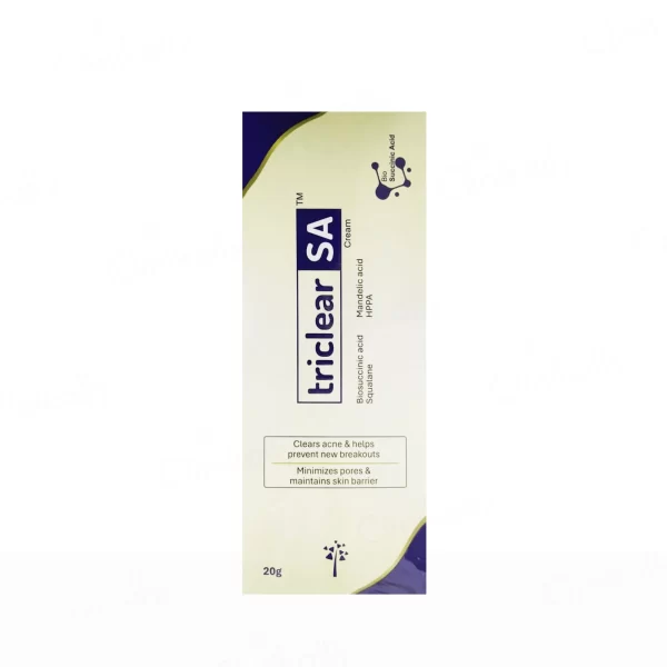 Triclear SA Cream is an acne-control formula enriched with Biosuccinic Acid, Mandelic Acid, Squalene, and HPPA. It helps clear breakouts, reduce pore size, prevent new acne, and maintain a healthy skin barrier—ideal for oily and acne-prone skin.