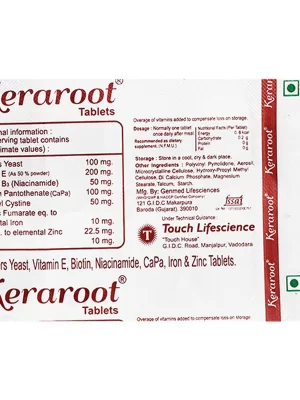 Keraroot Tablets (3 x 10 Tablets) – Intensive Hair Nutracutical for Root Strengthening & Growth Short Description An advanced, multi-nutrient hair health supplement engineered to fortify hair roots, combat excessive shedding, and accelerate growth. Powered by a clinical blend of Brewers Yeast, High-Dose Biotin, N-Acetyl Cystine, essential amino acid precursors, and vital chelated minerals, these tablets nourish the hair follicles from within to promote thicker, structurally resilient strands.