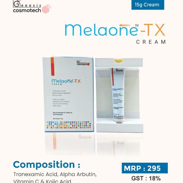 Melaone-TX Cream (15g) – Advanced Depigmenting & Skin Balancing Treatment Short Description A dermatologist-recommended, multifaceted hyperpigmentation treatment formulated with Tranexamic Acid, Alpha Arbutin, Kojic Acid, and Vitamin C. This specialized cream works at the cellular source to minimize melanin production, fade stubborn dark spots, and correct melasma for a brighter, more radiant complexion.