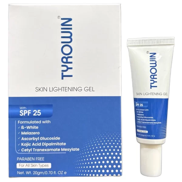 Tyrowin Skin Lightening Gel (20gm) – Advanced Brightening Formula with SPF 25 Short Description An advanced, clinical-grade depigmenting gel engineered to visibly brighten skin tone, reduce dark spots, and correct uneven hyperpigmentation. Formulated with a synergistic blend of ß-White, Melazero, Cetyl Tranexamate Mesylate, and Kojic Acid Dipalmitate, this paraben-free gel provides built-in SPF 25 protection to shield skin while restoring a flawless, radiant complexion.