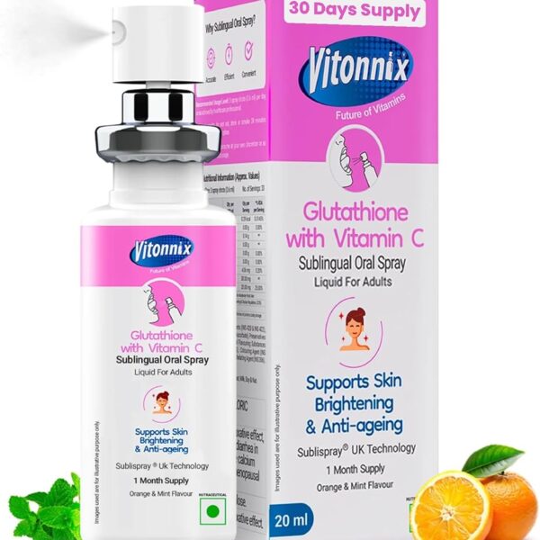 An advanced sublingual oral spray designed for fast, efficient nutrient absorption. Powered by the synergistic combination of Glutathione and Vitamin C to combat oxidative stress, support skin brightening, and deliver comprehensive anti-ageing care from within.
