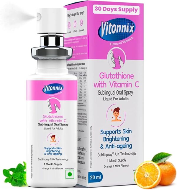 Vitonnix Glutathione with Vitamin C Sublingual Oral Spray (20ml) – Skin Brightening & Anti-Ageing
